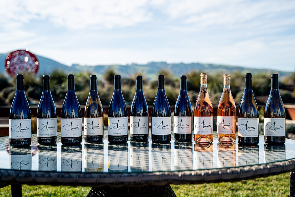 Twelve bottles of Anaba wine lined up on a table, outside, with a view of a spherical structure behind it.