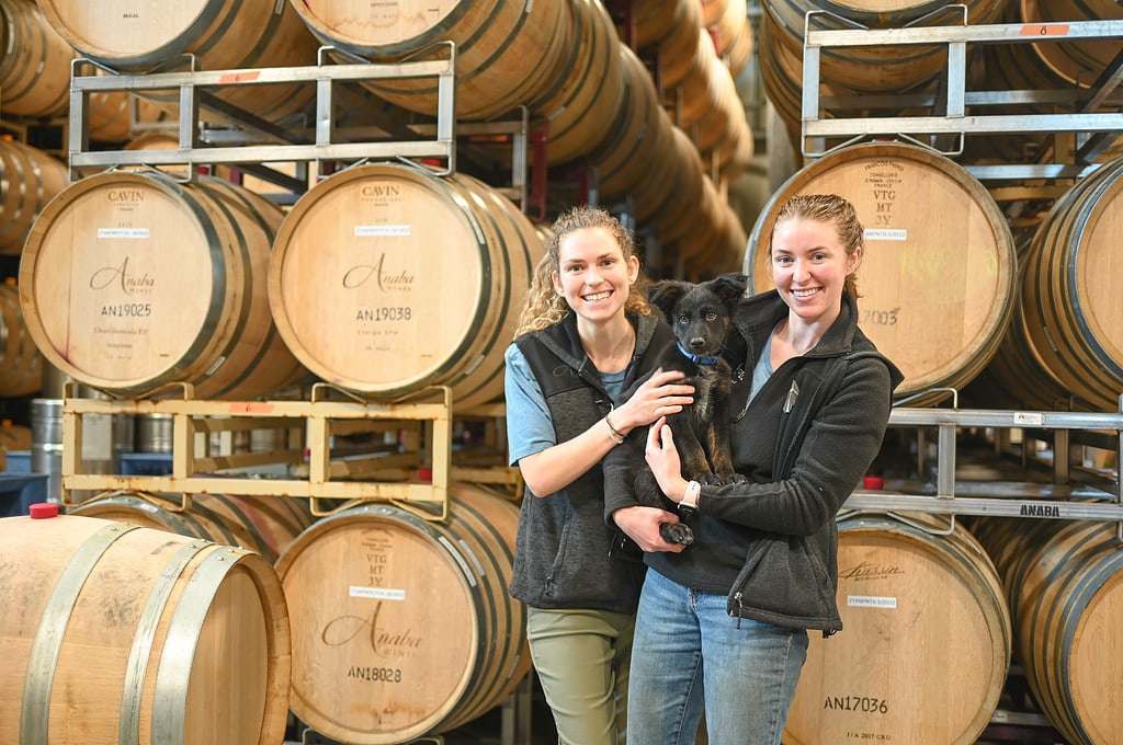Cellar Hands, Megan Klein and Paula Bish pose with Paula's new puppy in front of Anaba barrels.